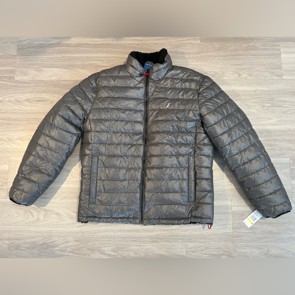 Nautica Lightweight Puffer Jacket Men’s Medium Gray Full Zip Water Resistant NWT